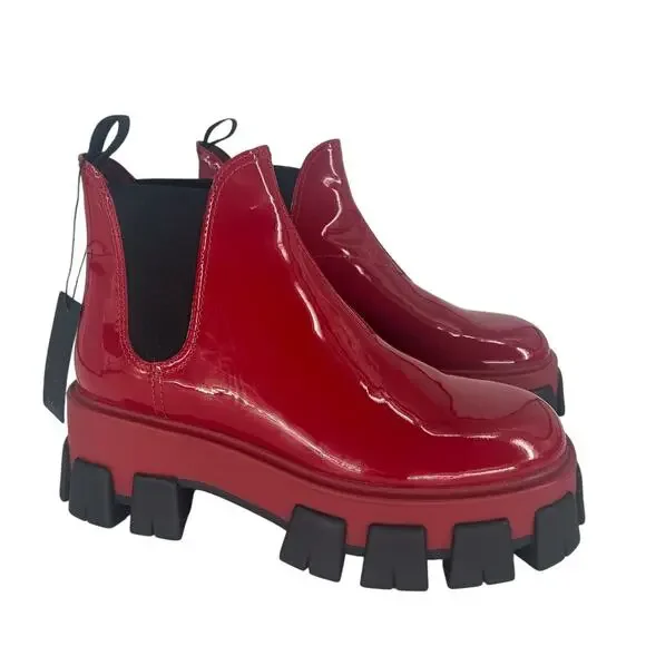 Prada Patent Leather Monolith Booties in Rosso Red - Picture 2 of 16